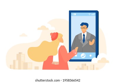 Flat style illustration, woman doing online distant call while her husband on his business trip. City buildings background.