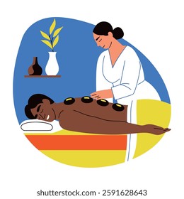 A flat style illustration of a woman doing stone massage to a character