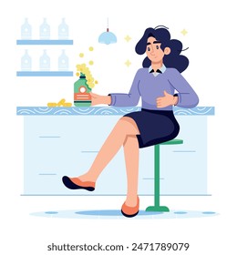 A flat style illustration of woman drinking alcohol 