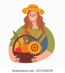 Flat style illustration of a woman in a hat holding a basket filled with autumn harvest items like sunflowers, pumpkins, and wheat. Perfect for seasonal designs, farm themes, and fall promotions.