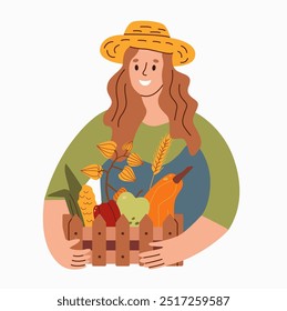 Flat style illustration of a woman in a hat holding a wooden box filled with autumn harvest items like pumpkins, apples, and wheat. Ideal for fall themes, farming, and seasonal promotions.