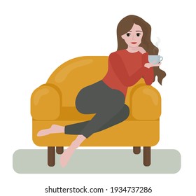 Flat style illustration. Woman with a long hair sitting on a couch. She is drinking hot coffee and thinking about something  good. She gives off relaxation vibes.