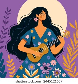 Flat style illustration of a woman playing ukulele amidst floral backdrop under a full moon.