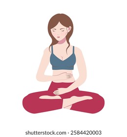Flat style illustration of a woman practicing meditation in a seated position, focusing on breathing and relaxation. Ideal for wellness, mindfulness, self-care, and yoga-related projects.