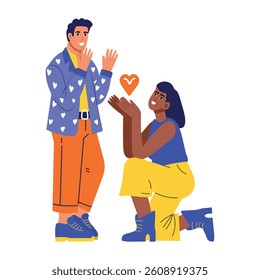A flat style illustration of a woman proposing her husband