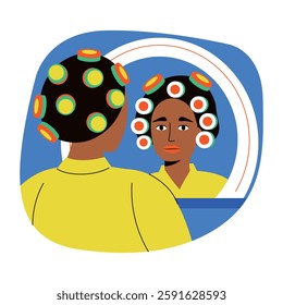 A flat style illustration of a woman putting hair roller on her head