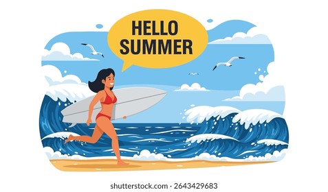 Ilustração de estilo plano de uma mulher correndo em direção a uma onda grande com sua prancha de surf, exclamando para férias de verão surfing diversão	