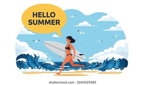 Ilustração de estilo plano de uma mulher correndo em direção a uma onda grande com sua prancha de surf, exclamando para férias de verão surfing diversão	