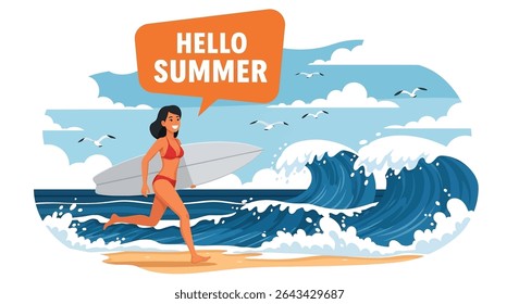 Flat style illustration of a woman running towards a large wave with his surfboard, exclaiming for summer holiday surfing fun	