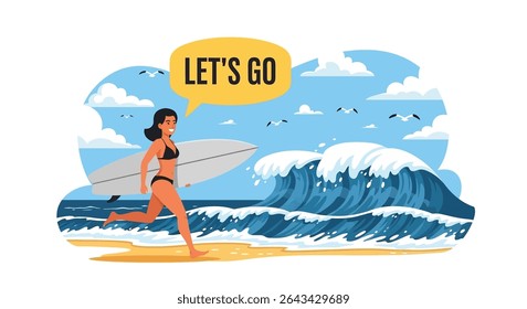 Ilustração de estilo plano de uma mulher correndo em direção a uma onda grande com sua prancha de surf, exclamando para férias de verão surfing diversão	