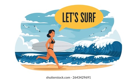 Ilustração de estilo plano de uma mulher correndo em direção a uma onda grande com sua prancha de surf, exclamando para férias de verão surfing diversão	