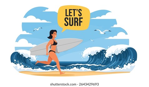 Ilustração de estilo plano de uma mulher correndo em direção a uma onda grande com sua prancha de surf, exclamando para férias de verão surfing diversão	