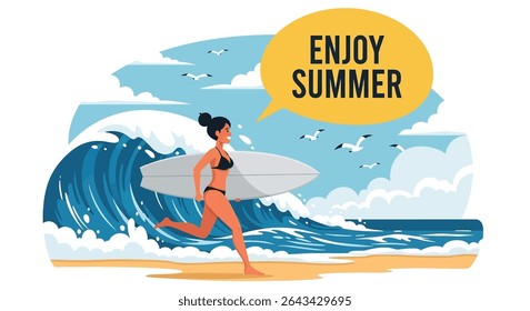 Ilustração de estilo plano de uma mulher correndo em direção a uma onda grande com sua prancha de surf, exclamando para férias de verão surfing diversão	