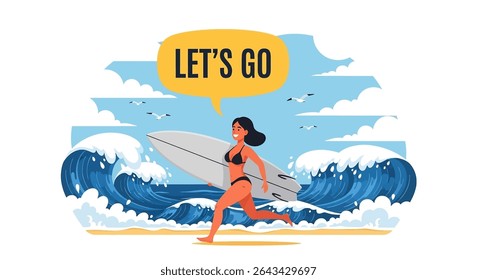 Ilustração de estilo plano de uma mulher correndo em direção a uma onda grande com sua prancha de surf, exclamando para férias de verão surfing diversão	