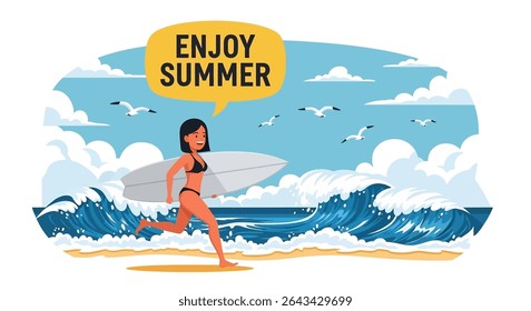 Ilustração de estilo plano de uma mulher correndo em direção a uma onda grande com sua prancha de surf, exclamando para férias de verão surfing diversão	