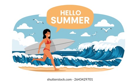 Ilustração de estilo plano de uma mulher correndo em direção a uma onda grande com sua prancha de surf, exclamando para férias de verão surfing diversão	