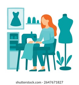 Ilustração de estilo plano de uma mulher costurando roupas em uma loja de alfaiates