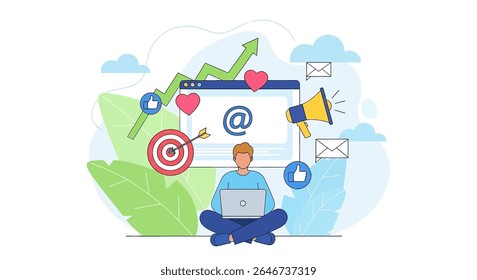flat style illustration of A woman sits cross-legged, working on a laptop, surrounded by marketing icons like a target, megaphone, and mail. Represent Digital Marketing