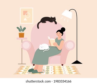 Flat style illustration of a woman sitting on large armchair and reading a book with her two pet cats.