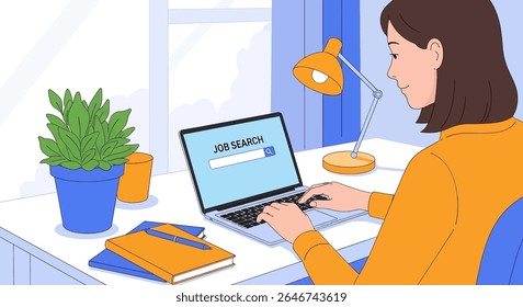 flat style illustration of a woman using a laptop with JOB SEARCH displayed on the screen, amidst a desk setting with a plant, notebook, and pens