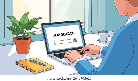 flat style illustration of a woman using a laptop with JOB SEARCH displayed on the screen, amidst a desk setting with a plant, notebook, and pens