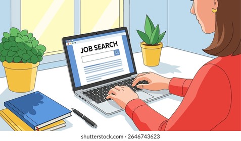 flat style illustration of a woman using a laptop with JOB SEARCH displayed on the screen, amidst a desk setting with a plant, notebook, and pens