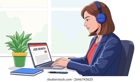 flat style illustration of a woman using a laptop with JOB SEARCH displayed on the screen, amidst a desk setting with a plant, notebook, and pens