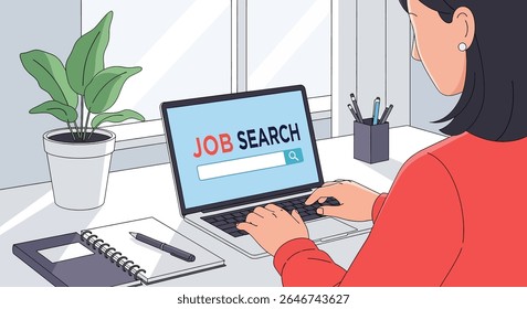 flat style illustration of a woman using a laptop with JOB SEARCH displayed on the screen, amidst a desk setting with a plant, notebook, and pens