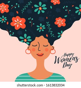 Flat Style Illustration of Woman Wavy Long Hair Decorated With Flowers and Leaves on Pink Background for Happy Women's Day Celebration Concept.