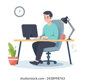 Flat style illustration. Work from home concept. Man working on computer from home. Home office concept.