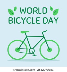 Ilustración de estilo plano para el Día Mundial de la Bicicleta, con una bicicleta verde con decoraciones de hojas y tema ecológico sobre un fondo azul claro.