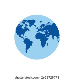 A flat style illustration of world globe with blue continents and light-blue oceans. Simple and clean design.