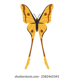 Flat style illustration of a yellow butterfly with long, elegant tails and intricate wing patterns, perfect for nature-themed projects, decorative designs, and artistic compositions.