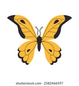 Flat style illustration of a yellow butterfly with black markings and delicate wing patterns, perfect for nature-themed projects, decorative designs, and artistic compositions.