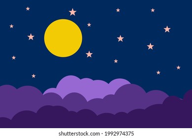 Flat style illustration yellow moon stars and violet  clouds background design. Good to use for banner, social media template, poster and flyer template, etc.