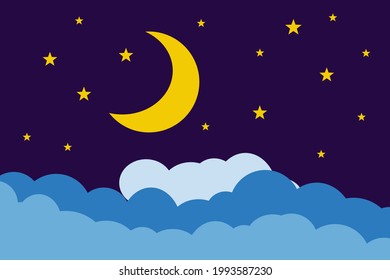 Ilustración de estilo plano estrellas de luna amarilla y diseño de fondo de nubes azules. Es bueno usar para banner, plantilla de medios sociales, afiche y plantilla de volante, etc.
