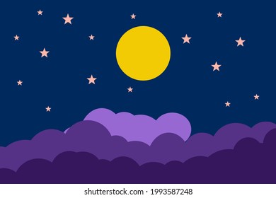 Ilustración de estilo plano estrellas de luna amarilla y diseño de fondo de nubes violetas. Es bueno usar para banner, plantilla de medios sociales, afiche y plantilla de volante, etc.