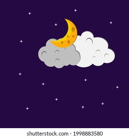 Ilustración de estilo plano luna amarilla, estrellas blancas y diseño de fondo de nubes grises blancas. Es bueno usar para banner, plantilla de medios sociales, afiche y plantilla de volante, etc.