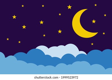 Ilustración de estilo plano estrellas de luna amarilla y diseño de fondo de nubes azules. Es bueno usar para banner, plantilla de medios sociales, afiche y plantilla de volante, etc.