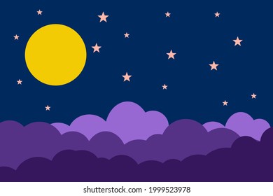 Flat style illustration yellow moon stars and violet  clouds background design. Good to use for banner, social media template, poster and flyer template, etc.