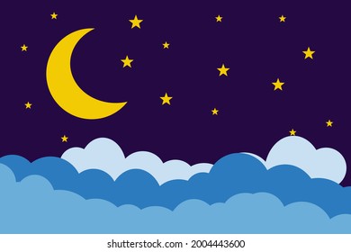 Flat style illustration yellow moon stars and blue clouds background design. Good to use for banner, social media template, poster and flyer template, etc.