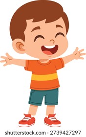 Flat style illustration of a young boy showing a happy expression with a wide smile and open arms. Suitable for children education materials, emotion charts, posters, stickers, and character based design projects.