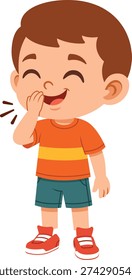 Flat style illustration of a young boy giggling softly with one hand covering his mouth and smiling eyes. Perfect for emotion charts, children education materials, stickers, and character design projects.