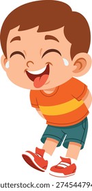 Flat style illustration of a young boy leaning forward with a playful teasing smile and tongue slightly out, hands behind his back. Suitable for emotion learning charts, educational materials, classroom posters, and sticker designs.