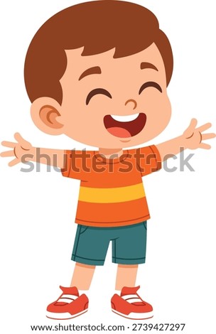 Flat style illustration of a young boy showing a happy expression with a wide smile and open arms. Suitable for children education materials, emotion charts, posters, stickers, and character based design projects.