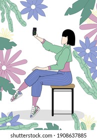 Flat style illustration of young girl on the chair. Woman make salfie. 