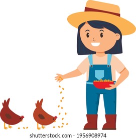 Flat style illustration of a young girl feeding A woman working on a chicken farm. Female farmer throwing birdseed. 