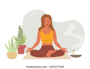 Flat style illustration. Young girl with closed eyes meditating to calm down, practicing yoga, sitting with her legs crossed on the floor. Palo santo wood stick cleanses space in the room.