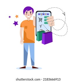 Flat style illustration with a young smiling man who holds a mobile phone. A young smiling man does online shopping. 