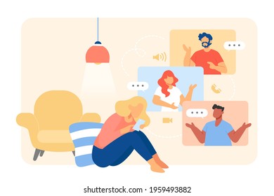 Flat style illustration of a young woman having video call with friends at home. People seen in pop up screens of video call interface.